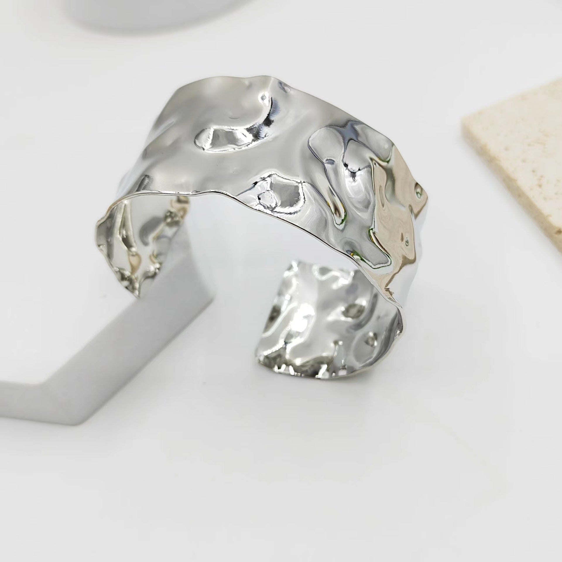 Wholesale wide hammered pleated golden bracelet